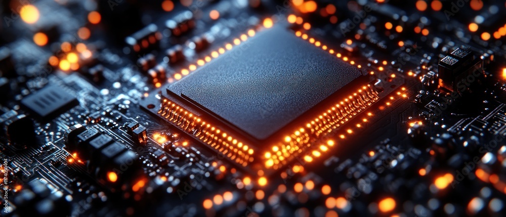 Poster close-up of glowing ram microchip on circuit board with blue and orange led lights