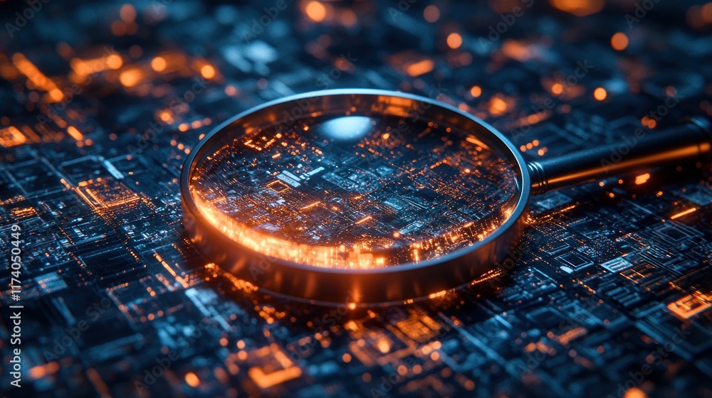Aufkleber IT Security Risk Assessment with Magnifying Glass in Abstract Technological Atmosphere Scrutinizing Documents