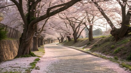 A serene pathway lined with cherry blossom trees in full bloom. Pink petals are scattered along the path, creating a romantic spring atmosphere. The soft light filtering through the branches casts gen