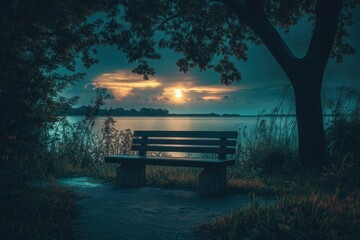 Obraz premium Peaceful lakeside bench under a colorful sunset sky during twilight
