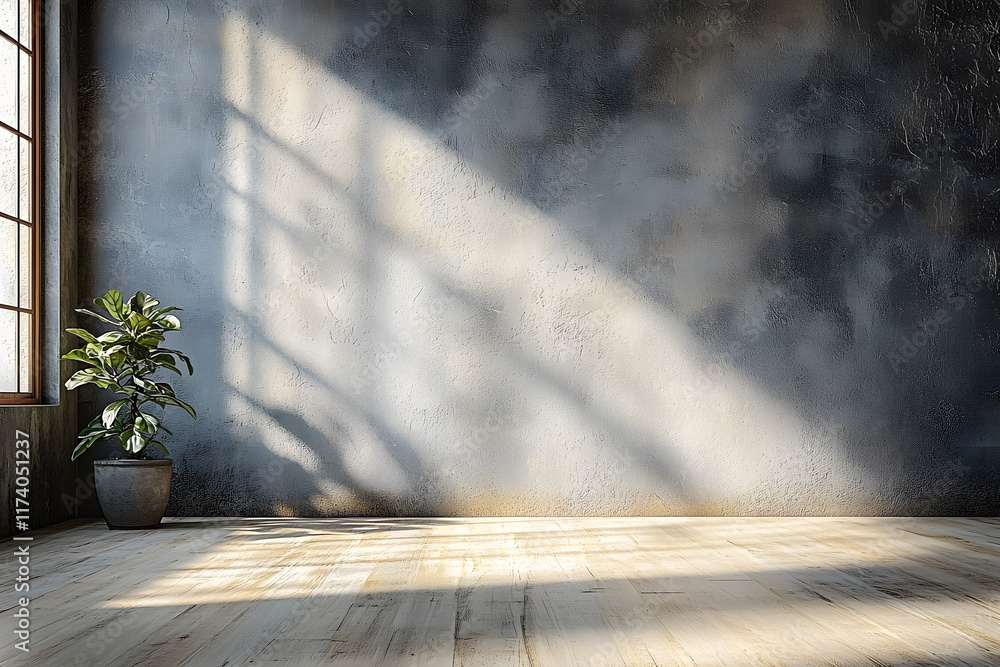 Poster stock photo features a minimalist background with an empty gray wall and a wooden beige floor, creat