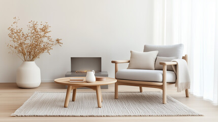 A Scandinavian living room interior with a chic fireplace, complemented by muted gray and beige tones, soft rugs, and wooden elements. The glowing firelight adds warmth to the room
