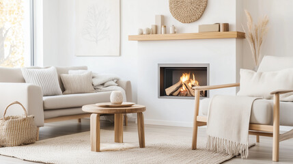 A minimalist Scandinavian living room showcasing a sleek fireplace as the focal point, surrounded by light wooden furniture, soft neutral tones, and cozy textiles. The warm glow of