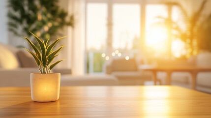 Fototapeta premium A warm and cozy living room in the golden glow of sunset, featuring a blurred wooden table in the foreground and soft lighting highlighting modern furniture and lush indoor plants