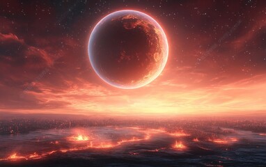 Surreal Cosmic Landscape of a Distant Planet with Glowing Lava and Dramatic Sunset