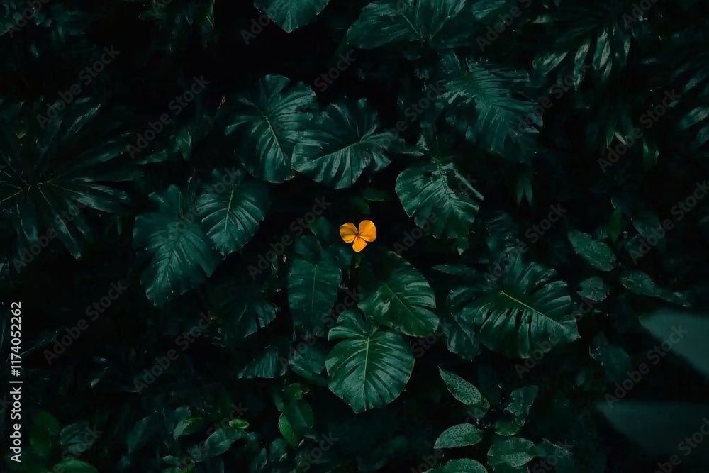 Poster creative background with gold and green tropical palm leaves, featuring a minimal abstract jungle or