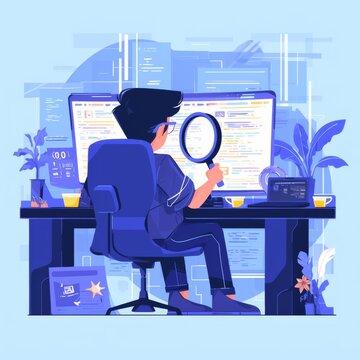Young male character inspecting programming code with a magnifying glass, exploring front-end and back-end development of a website.