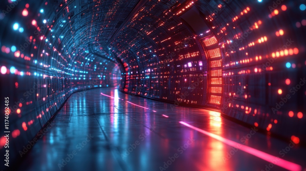 Poster Futuristic Data Center with Female CTO Activating Servers and Digitalization of Information in Cyberpunk Style