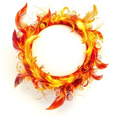 design for children. on a white background, white in the middle. Empty in the middle, in a circle fire with patterns and curls, on the edges feathers. The colors are bright red, yellow, and orange.