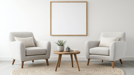 Bright and airy living room with two stylish armchairs positioned symmetrically and a blank wall-mounted frame, ideal for showcasing posters, artwork, or creative designs in a stoc