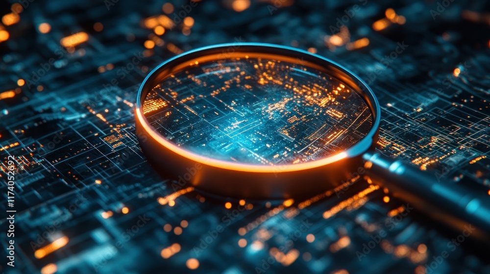 Poster it security risk assessment concept with magnifying glass documents in cyberpunk atmosphere