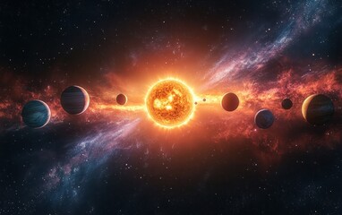 Hyper-realistic Cosmic Scene with Glowing Sun and Vibrant Planets in Colorful Nebula Space Art
