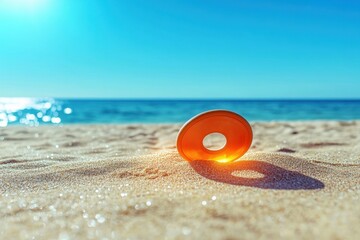 Obraz premium Bright orange float resting on soft sand by the serene ocean under a clear sky