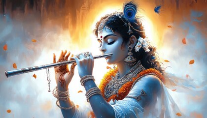 Illustration of Krishna Playing Flute in Traditional Indian Art for Janmashtami Celebration