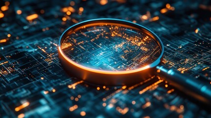 IT Security Risk Assessment Concept with Magnifying Glass Documents in Cyberpunk Atmosphere