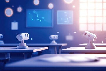 Innovative hybrid classroom featuring robotic beacons modern education space digital learning environment futuristic perspective