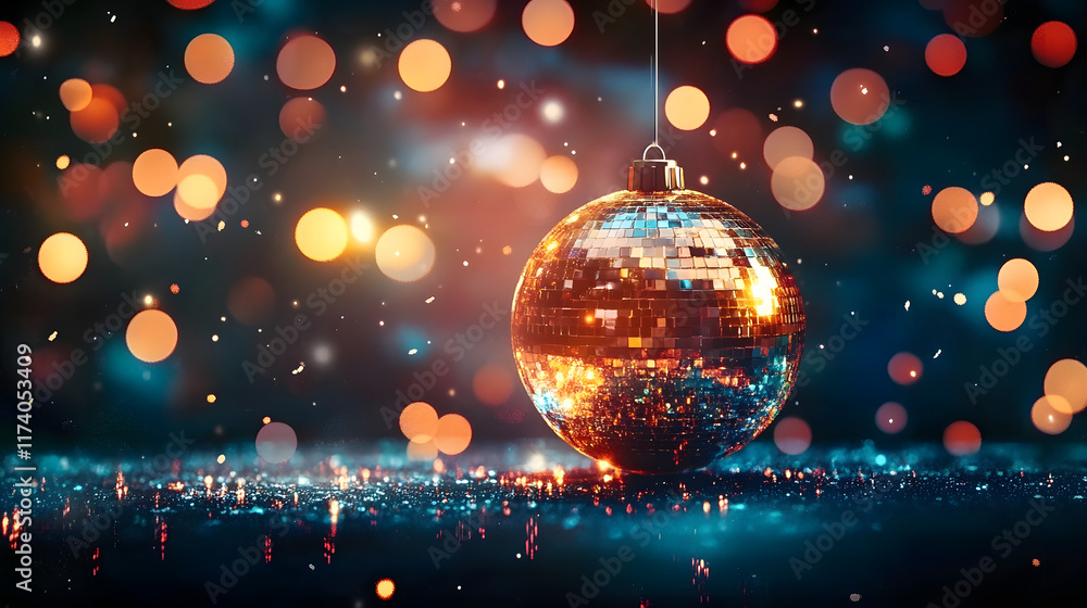 Poster glowing disco ball with bokeh effect on dark background