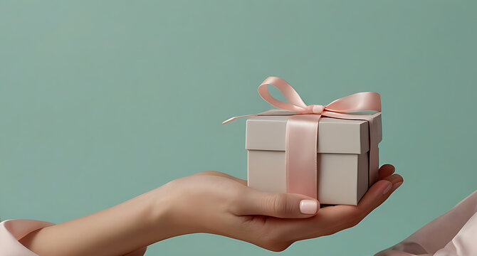 woman holding a gift box, hand with a goft box and pink ribbon, present for celebration