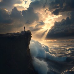 A dramatic scene of a person standing edge of a cliff, stormy skies above, waves crashing below, with rays light breaking through the clouds, symbolizing hope and resilience.