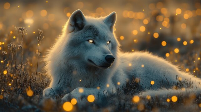 Mystical Nighttime Scene with an Arctic Wolf Illuminated in Snow