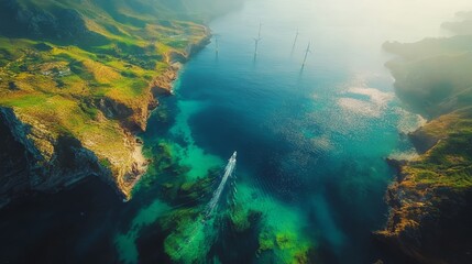 Obraz premium Aerial view, turquoise ocean cove with a sailboat and forested cliffs on the coastline