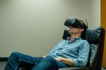Obraz premium Man relaxing while using virtual reality headset in a modern setting