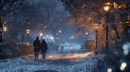 Obraz premium Serene winter evening walk in a snow-clad park, glowing street lamps illuminating a peaceful path.