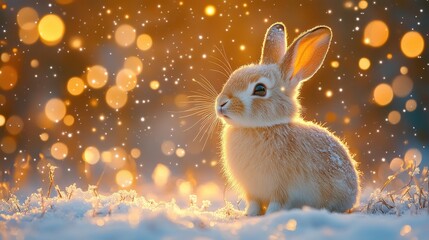 Obraz premium Whimsical Nighttime Scene with an Arctic Hare in a Snowy Forest