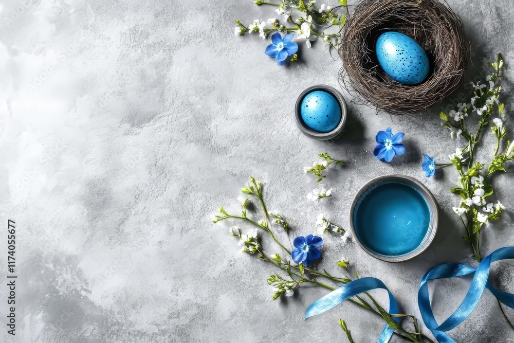 Poster happy easter image: easter eggs in a nest with spring flowers. easter background with space for copy