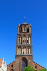 Europe, Germany, Pomerania, Mecklenburg-Vorpommern, Stralsund. Old city, Hansestadt, St. Jakobi Church exterior tower.