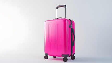 A modern, sleek pink suitcase designed for women stands out against a pristine white background, its vibrant color and elegant design capturing the essence of a sunny summer day