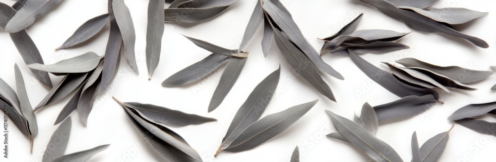 Poster a top-down view of green eucalyptus branches presented in a flat lay format on a white background