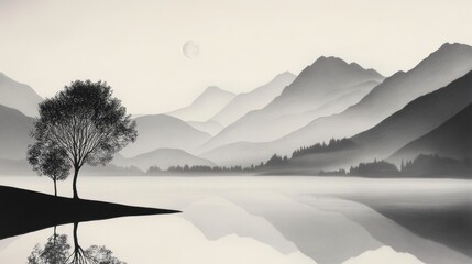 Serene Monochrome Landscape With Trees and Mountain Reflections