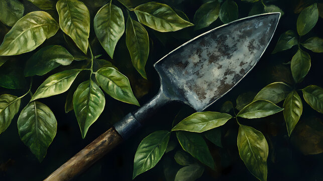 Weathered trowel handle contrasted with fresh dogbane leaves in close-up. Earthbound. Illustration