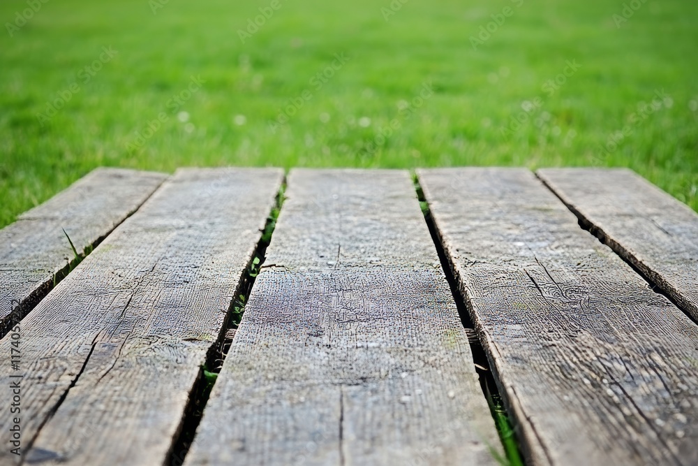 Poster an empty wood table top foregrounded with a blurred green tree in the background of a park garden - 