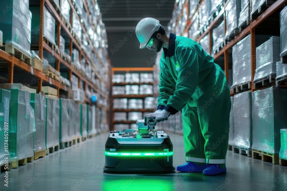 Poster worker operates automated delivery robot in a warehouse setting during daytime hours
