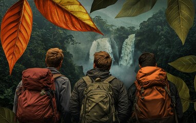 Three hikers admire a rainforest waterfall.