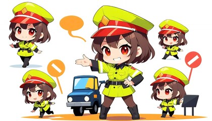 Adorable Anime Pixel Art Girl Traffic Officer in Green Uniform Directing Traffic with Stop Sign and Truck;  Cute Kawaii Chibi Style Illustration