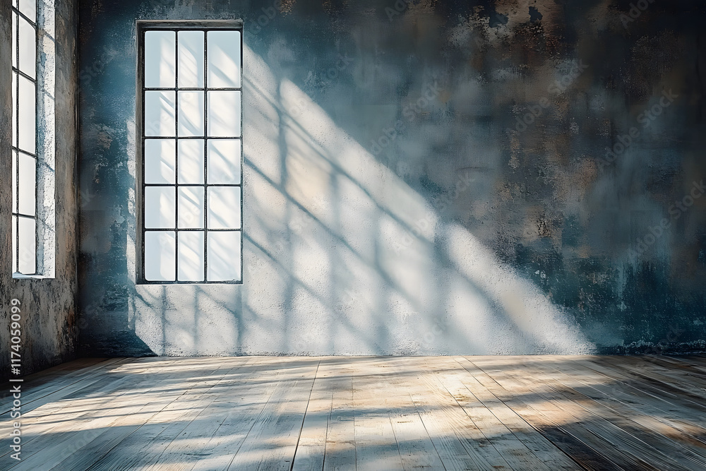 Poster stock photo features an empty room with concrete walls, a wooden floor, and soft skylight filtering 