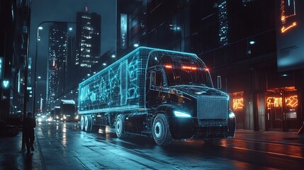 Futuristic semi-truck driving through a city at night.