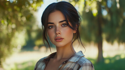 Caucasian young female in nature with checkered shirt and dark hair