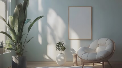 A 3D-rendered features a mock-up poster frame in a modern interior background, specifically a living room with Scandinavian-style decor