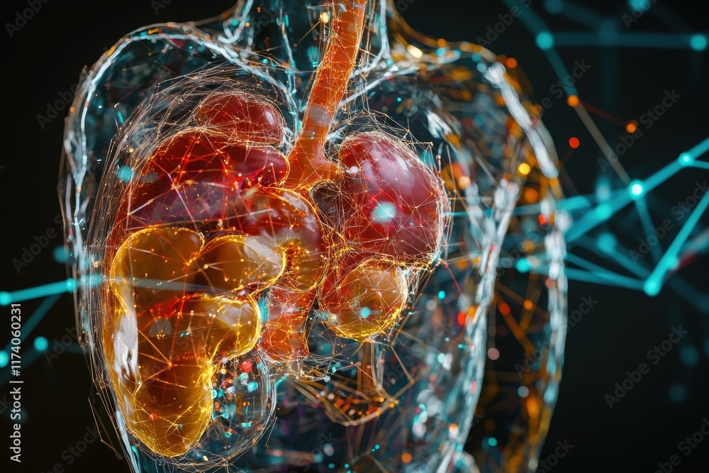 Poster luminous visualization of human lungs with intricate network of connections and systems