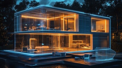 Obraz premium Smart home, futuristic architecture, illuminated at night.