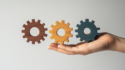 Hand holding three interconnected wooden gears.