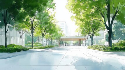 Illustration of Eco-Friendly Urban Space with Trees and Modern Architecture for Sustainable City Design