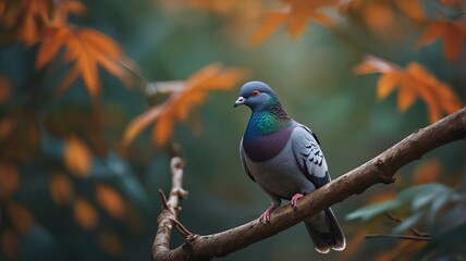 Vivid pigeon perched on a tree branch surrounded by colorful autumn leaves, set against a soft, natural background of green and orange.
