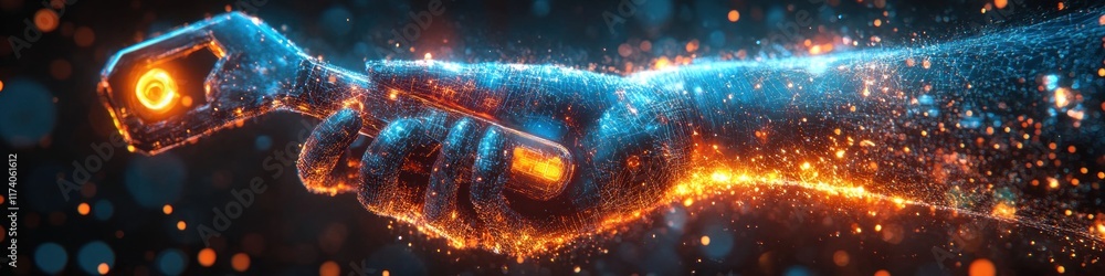 Poster Digital Hand with Glowing Wrench Spanner and Binary Code in Advanced AI Maintenance Management Systems