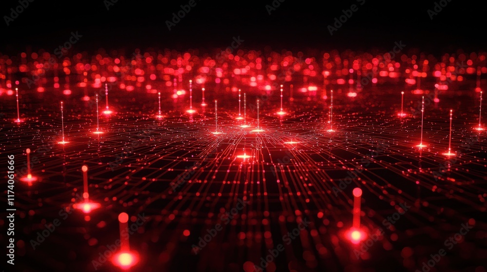 Poster illuminated connections - abstract digital circuit design illustration with glowing red lines