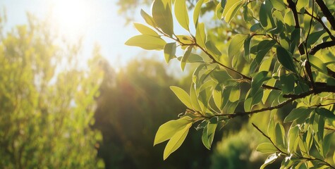 The concept of World Environment Day is illustrated through a charming spring wonderland, where a soft blur of green nature comes to life with bokeh sun light flare, set against an abstract blue sky